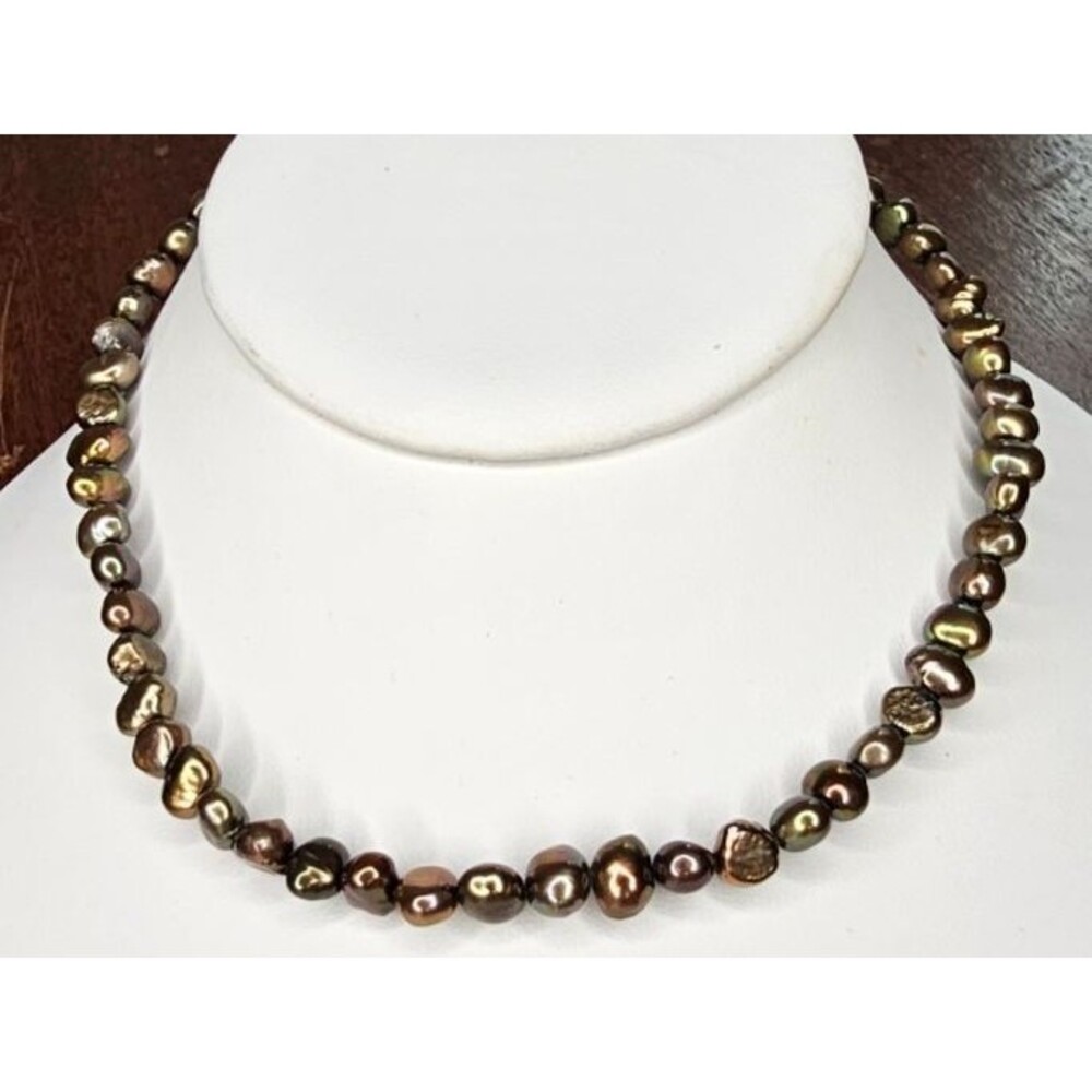 14"L Bronze Chocolate Natural Pearl & Amber Beaded Choker Style Necklace